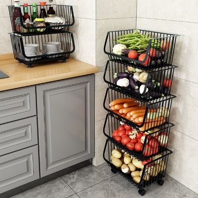 Black Kitchen Basket With Wheels Home Floor Multi-Layer Storage Rack Vegetable Rack