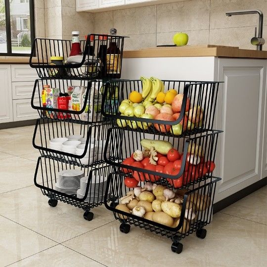 Black Kitchen Basket With Wheels Home Floor Multi-Layer Storage Rack Vegetable Rack